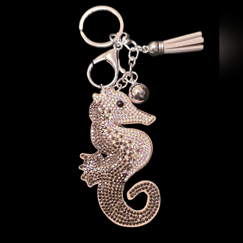Rhinestone Seahorse Bag Charm - Keychain with Tassel